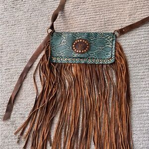 Keep It Gypsy upcycled fringe crossbody turquoise brown metallic PERFECT 10”x5”
